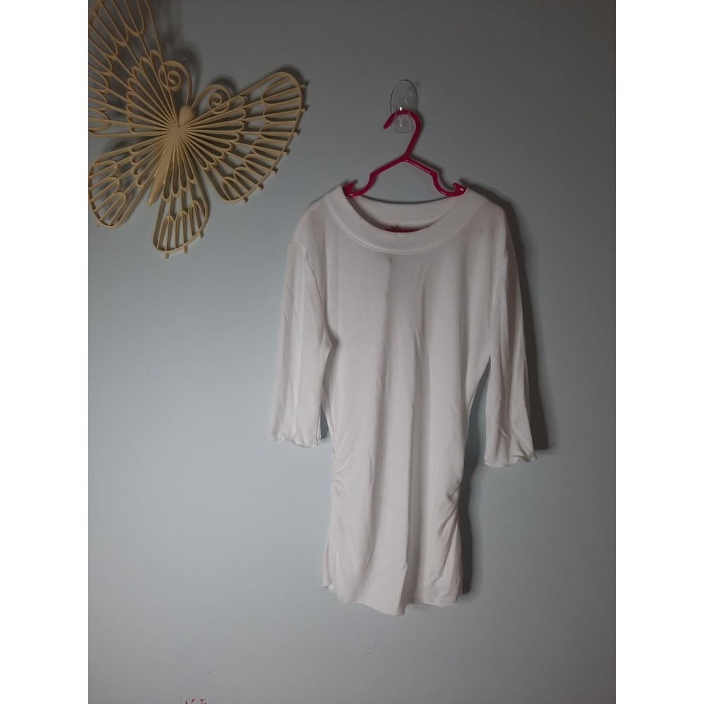 Free People Intimately Talk To Me Tee White Ribbed Ruched 3/4 Sleeve Top XS